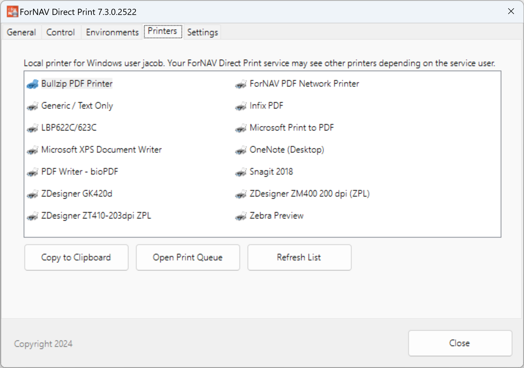 Printer list in the user interface